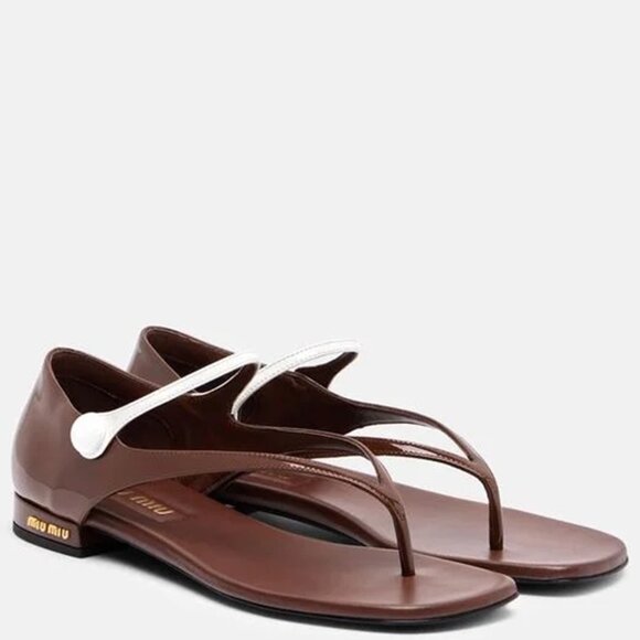 NWOB MIU MIU Mary Jane Flats Thong Sandals Ankle Strap Brown Patent 37.5 - Picture 1 of 8